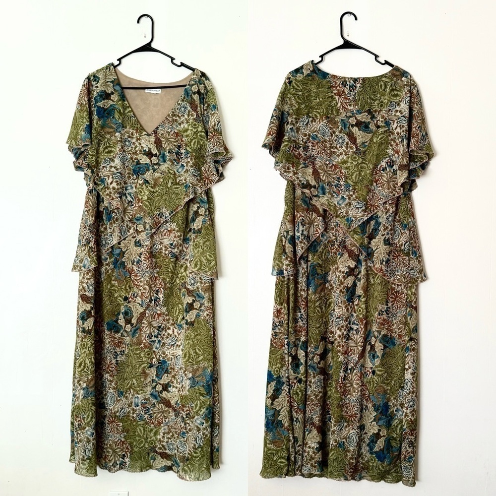 Vintage Jessica London Green Floral Layered Maxi Dress